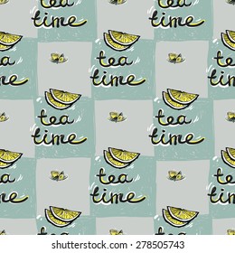 Set of cute hand drawn soft colored lemon and tea. Vector illustration. Set of isolated home breakfast party elements. Sketch pattern on blue checkered tablecloth background