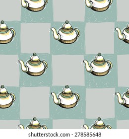 Set of cute hand drawn soft colored teapot. Vector illustration. Set of isolated home breakfast party elements. Sketch pattern on blue checkered tablecloth background