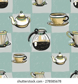 Set of cute hand drawn soft colored teapot, cafetiere, coffee, cup. Vector illustration. Set of isolated home breakfast party elements. Sketch pattern on blue checkered tablecloth background