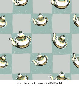 Set of cute hand drawn soft colored teapot. Vector illustration. Set of isolated home breakfast party elements. Sketch pattern on blue checkered tablecloth background