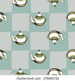 Set of cute hand drawn soft colored teapot. Vector illustration. Set of isolated home breakfast party elements. Sketch pattern on blue checkered tablecloth background