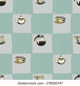 Set of cute hand drawn soft colored teapot, cafetiere, coffee, cup. Vector illustration. Set of isolated home breakfast party elements. Sketch pattern on blue checkered tablecloth background