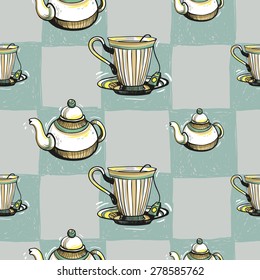 Set of cute hand drawn soft colored teapot and cup. Vector illustration. Set of isolated home breakfast party elements. Sketch pattern on blue checkered tablecloth background