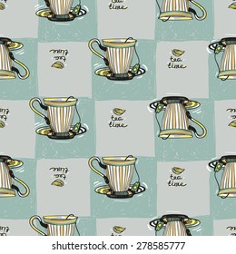 Set of cute hand drawn soft colored tea and cup. Vector illustration. Set of isolated home breakfast party elements. Sketch pattern on blue checkered tablecloth background