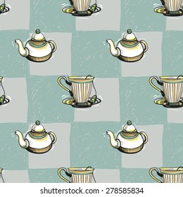 Set of cute hand drawn soft colored teapot and cup. Vector illustration. Set of isolated home breakfast party elements. Sketch pattern on blue checkered tablecloth background