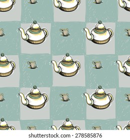 Set of cute hand drawn soft colored teapot and cup. Vector illustration. Set of isolated home breakfast party elements. Sketch pattern on blue checkered tablecloth background