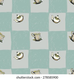 Set of cute hand drawn soft colored teapot and cup. Vector illustration. Set of isolated home breakfast party elements. Sketch pattern on blue checkered tablecloth background