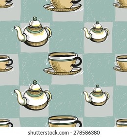 Set of cute hand drawn soft colored coffee cup and teapot. Vector illustration. Set of isolated home breakfast party elements. Sketch pattern on blue checkered tablecloth background