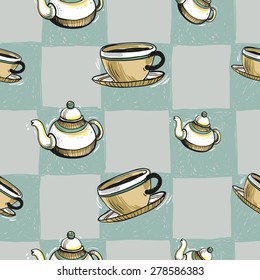 Set of cute hand drawn soft colored coffee cup and teapot. Vector illustration. Set of isolated home breakfast party elements. Sketch pattern on blue checkered tablecloth background