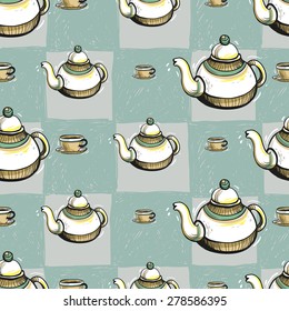 Set of cute hand drawn soft colored coffee cup and teapot. Vector illustration. Set of isolated home breakfast party elements. Sketch pattern on blue checkered tablecloth background