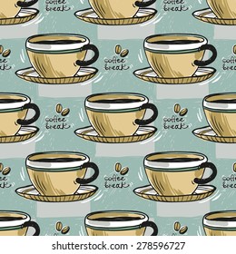 Set of cute hand drawn soft colored coffee. Vector illustration. Set of isolated home breakfast party elements. Sketch pattern on blue checkered tablecloth background