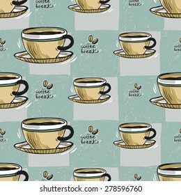 Set of cute hand drawn soft colored coffee. Vector illustration. Set of isolated home breakfast party elements. Sketch pattern on blue checkered tablecloth background