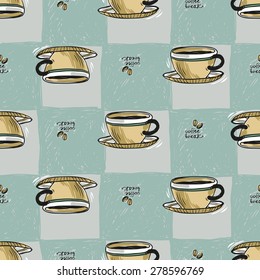 Set of cute hand drawn soft colored coffee. Vector illustration. Set of isolated home breakfast party elements. Sketch pattern on blue checkered tablecloth background