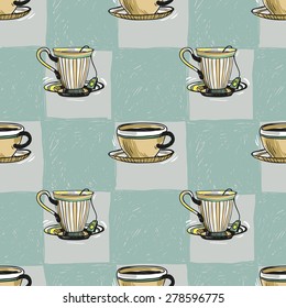 Set of cute hand drawn soft colored coffee cup. Vector illustration. Set of isolated home breakfast party elements. Sketch pattern on blue checkered tablecloth background