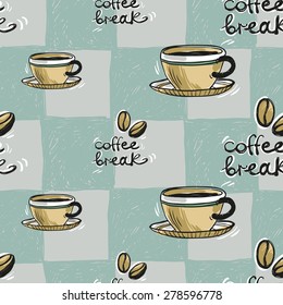Set of cute hand drawn soft colored coffee. Vector illustration. Set of isolated home breakfast party elements. Sketch pattern on blue checkered tablecloth background