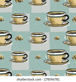 Set of cute hand drawn soft colored coffee and biscuit. Vector illustration. Set of isolated home breakfast party elements. Sketch pattern on blue checkered tablecloth background