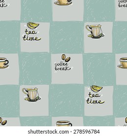 Set of cute hand drawn soft colored tea, coffee cup. Vector illustration. Set of isolated home breakfast party elements. Sketch pattern on blue checkered tablecloth background
