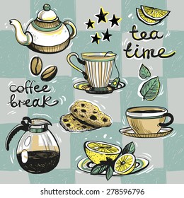 Set of cute hand drawn soft colored tea and coffee attributes. Vector illustration. Set of isolated home breakfast party elements. Sketch pattern on blue checkered tablecloth background.