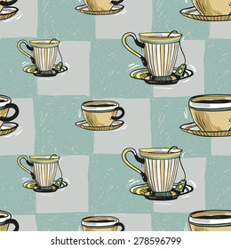 Set of cute hand drawn soft colored coffee cup. Vector illustration. Set of isolated home breakfast party elements. Sketch pattern on blue checkered tablecloth background