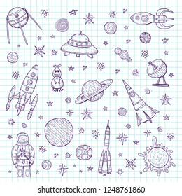 Set of cute hand drawn space objects: stars, rockets, planets, moon, sun etc. Hand-drawn vector collection