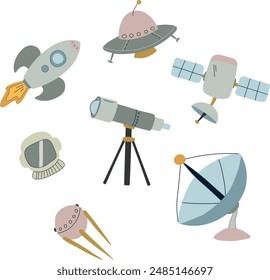 Set of cute hand drawn space equipment. Doodle collection of outer space astronomy elements. Rocket, UFO and satellite in flat style