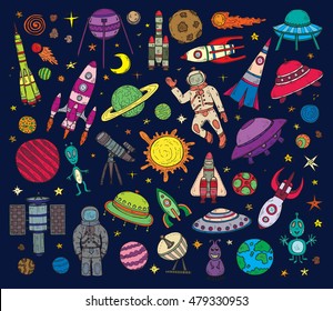 Set of cute hand drawn space objects: stars, rockets, planets, moon, sun etc. Hand-drawn vector collection