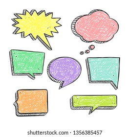 Set of cute hand drawn speech bubbles in doodle style. Talk clouds sketching. Balloon shapes with scribble texture collection for your blog, social network posts, advertisement, citation design.