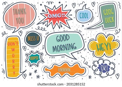 Set of cute hand drawn speech bubbles with short messages. Illustrations and vectors