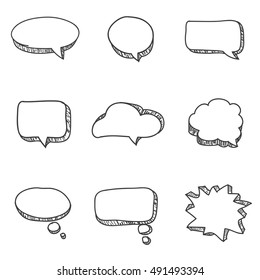 Set of cute hand drawn speech bubbles. Doodle style.  Talk clouds sketching. Balloon shape. Vector illustration.