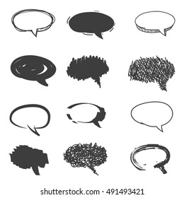 Set of cute hand drawn speech bubbles. Doodle style.  Talk clouds sketching. Balloon shape. Vector illustration.