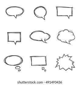 Set of cute hand drawn speech bubbles. Doodle style.  Talk clouds sketching. Balloon shape. Vector illustration.