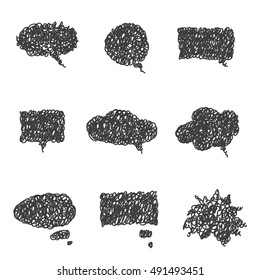 Set of cute hand drawn speech bubbles. Doodle style.  Talk clouds sketching. Balloon shape. Vector illustration.