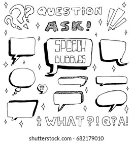 Set of Cute Hand Drawn Speech Bubbles in Doodle Style. Isolated on white sparks background.