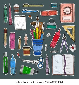 Set of cute hand drawn stickers of art tools including pencils; pens; eraser; brush; and others. Vector hand drawn art collection