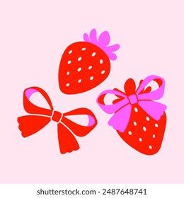 Conjunto de bonitas fresas dibujadas a mano con un lazo rojo rosa aislado sobre un fondo beige. Ilustración de los niños del Vector para imprimir.