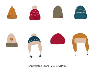 Set of cute hand drawn style knitted hats for winter. Flat vector illustration.