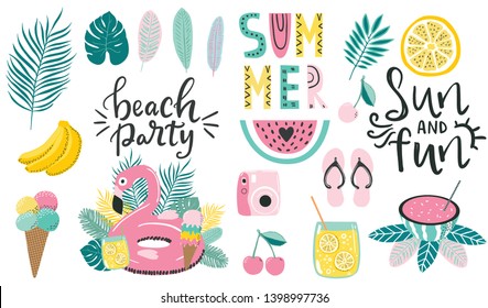 Set of cute hand drawn summer elements and lettering quotes about summer. Tropical Palm leaves and fruits