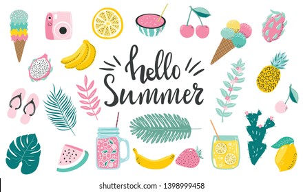 Set of cute hand drawn summer elements and lettering quotes about summer. Tropical Palm leaves and fruits