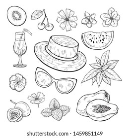 Set of cute hand drawn summer vacation elements. Fresh fruits and flowers. Vector