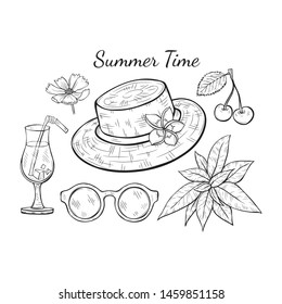 Set of cute hand drawn summer vacation elements including hat, glasses, cocktail and flowers. Vector