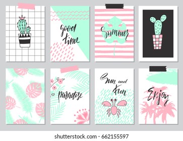 Set of cute hand drawn summer cards, background. Holiday, travel, vacation theme. Wallpaper,flyers, invitation, posters,templates, brochure, tags. Vector illustration.