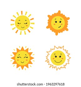 Un bonito sol dibujado a mano. Atardeces amarillos con diferentes emociones aisladas en fondo blanco. Ilustración infantil vectorial al estilo de las caricaturas planas.