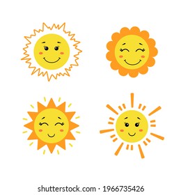 Un bonito sol dibujado a mano. Atardeces amarillos con diferentes emociones aisladas en fondo blanco. Ilustración infantil vectorial al estilo de las caricaturas planas.