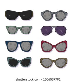 Set Of Cute Hand Drawn Sunglasses Different Shapes. Vector Sketch Style. 