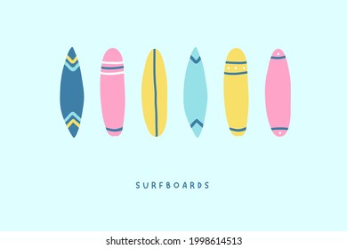 Set of cute hand drawn surfboards icons. Vector illustration in flat cartoon style