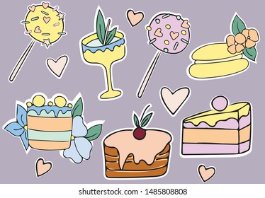 Set of cute hand drawn sweet desserts and cakes stickers. Vector illustrations for iron on patches and badges.