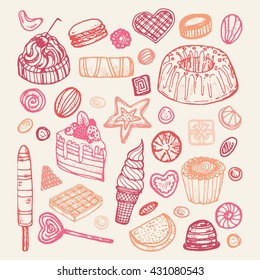 Set of cute hand drawn sweets and candies