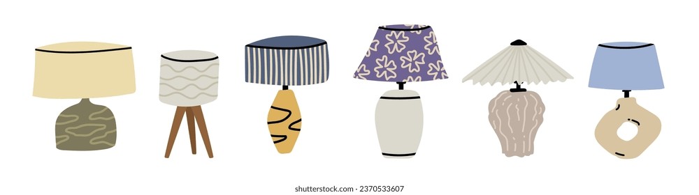 Set of cute hand drawn table lamps isolated on white. Modern interior decor table lamps with wooden legs, ceramic stands, pleated lampshades. Boho, scandinavian, mid century style home decor vector.