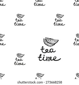 Set of cute hand drawn tea. Vector illustration. Set of isolated home breakfast decorative elements. Chess grid order black pattern on white background