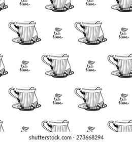 Set of cute hand drawn tea and cup. Vector illustration. Set of isolated home breakfast decorative elements. Chess grid order black pattern on white background